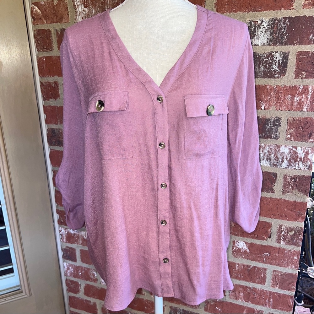 HARVE BERNARD Mauve Rayon 3/4 Sleeve Button up Shirt-XL